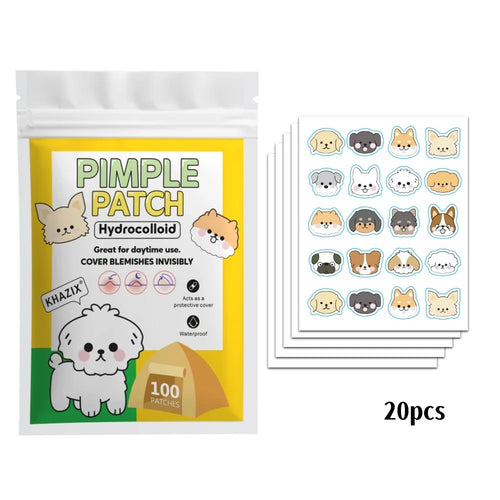 Hydrocolloid pimple patch set, 20pcs, green-and-yellow dog-themed covers in pouches
