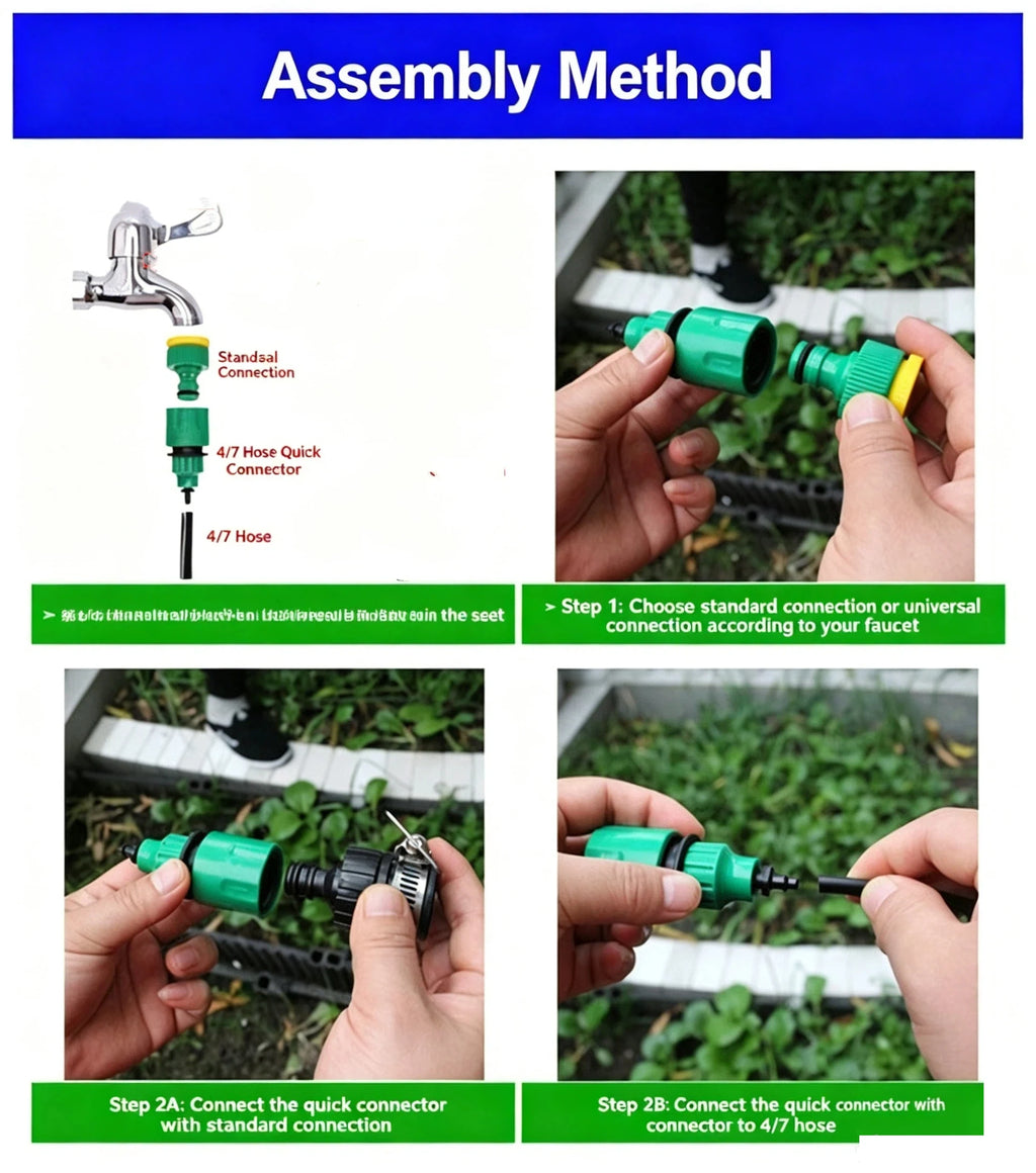 Portable micro drip irrigation kit parts with green quick-connector and adjustable dripper lines