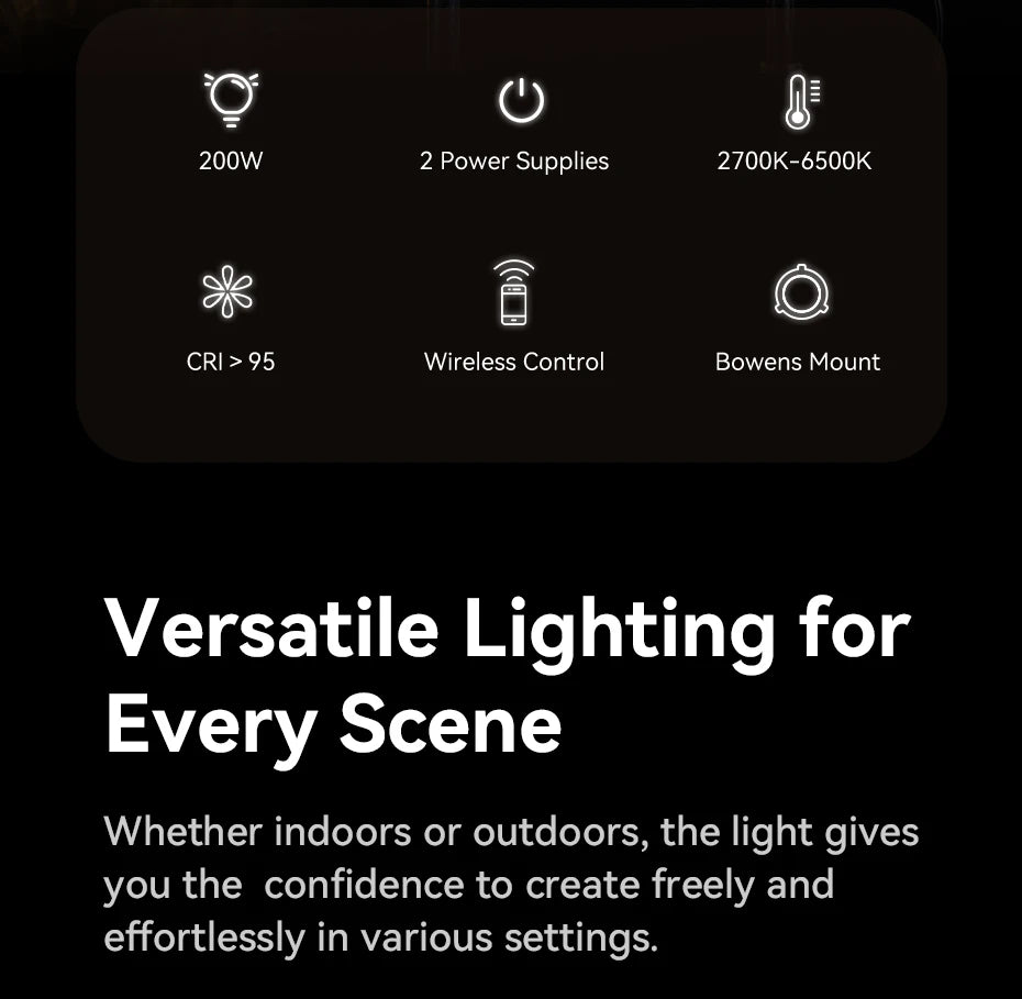 Studio light specs: 200W output, 2700K-6500K color temp, CRI >95, wireless control, and Bowens mount for photography.
