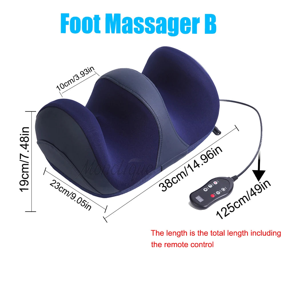 Navy blue electric foot and calf massager with dimensions, remote control, and heat therapy for muscle relief.
