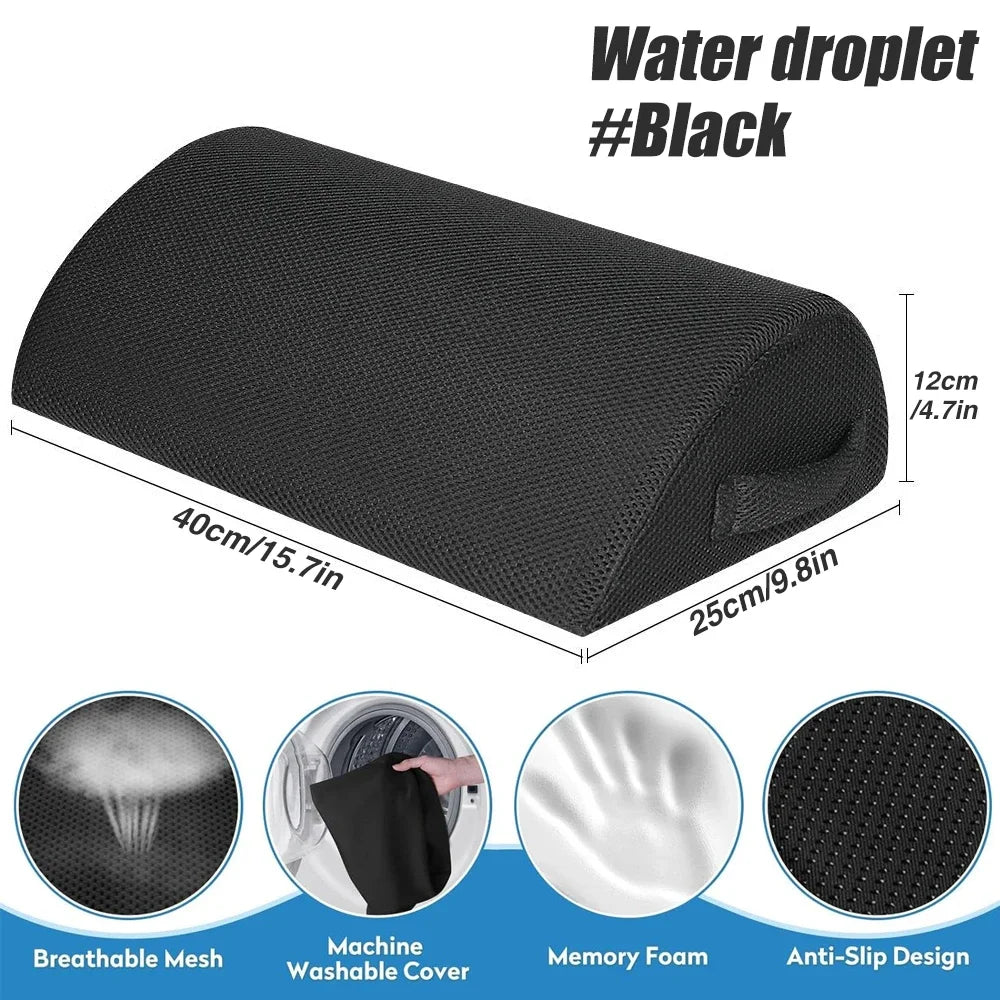 Black memory foam under desk foot rest with breathable washable mesh cover and anti-slip base for office or home use.