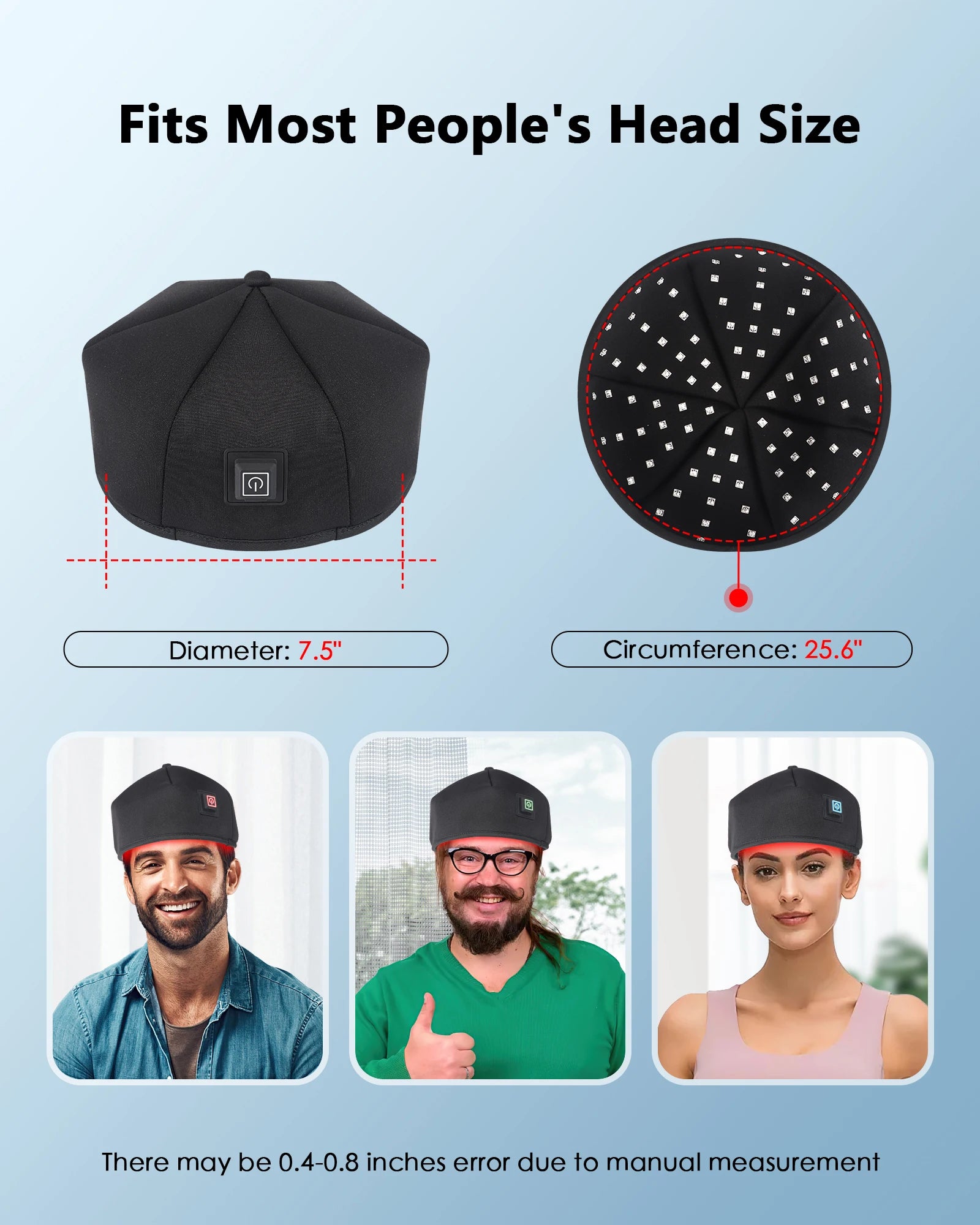 Wired LLLT 650nm red light therapy hair growth cap, black adjustable design for men and women, wall-powered.