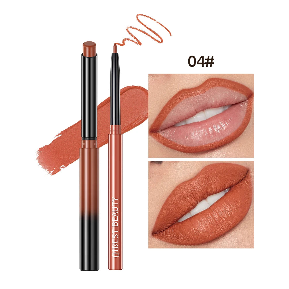 QIBEST matte velvet lipstick and lipliner pencil set in terracotta brown shade 04, showing lip swatch and application.