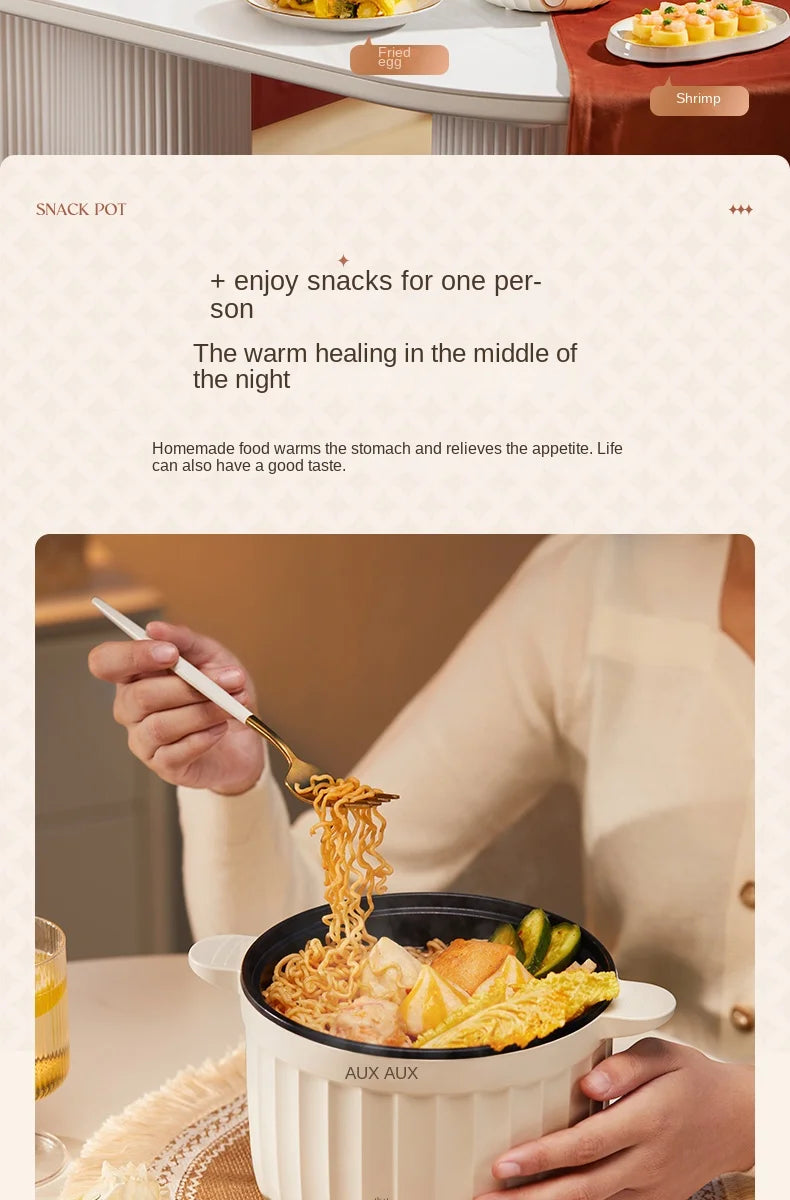 White electric rice cooker with lid open, steaming food being stirred with chopsticks