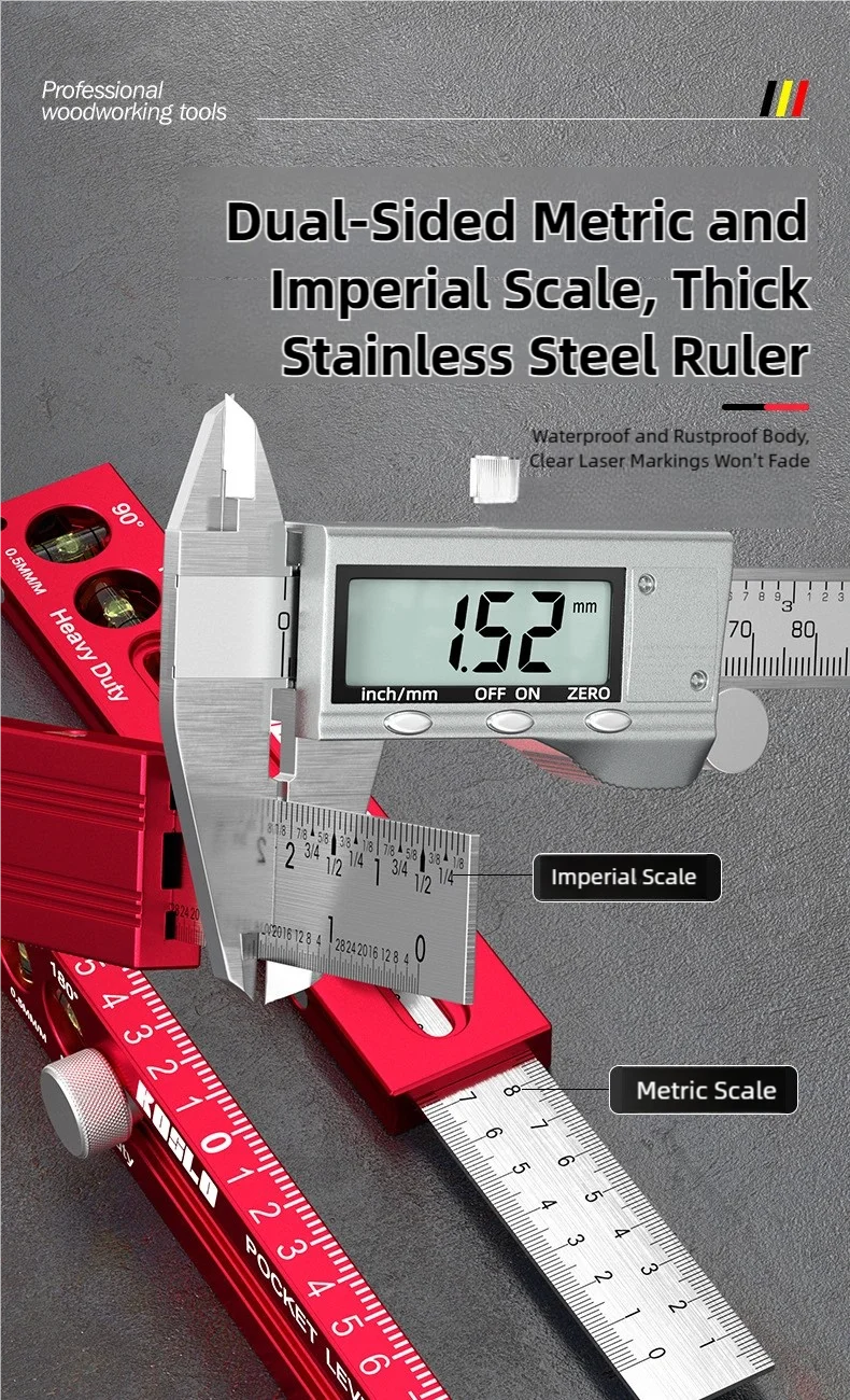 TINSOL Multi-functional Magnetic Marking Ruler Aluminum Alloy Ruler with Level Marking, Metric and Imperial, for Woodworking
