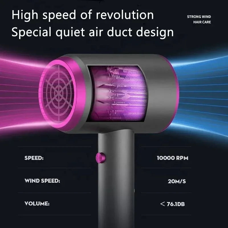 Grey and pink 2000W professional ionic hair dryer with quiet motor, high-speed 10000 RPM, and sleek modern design.