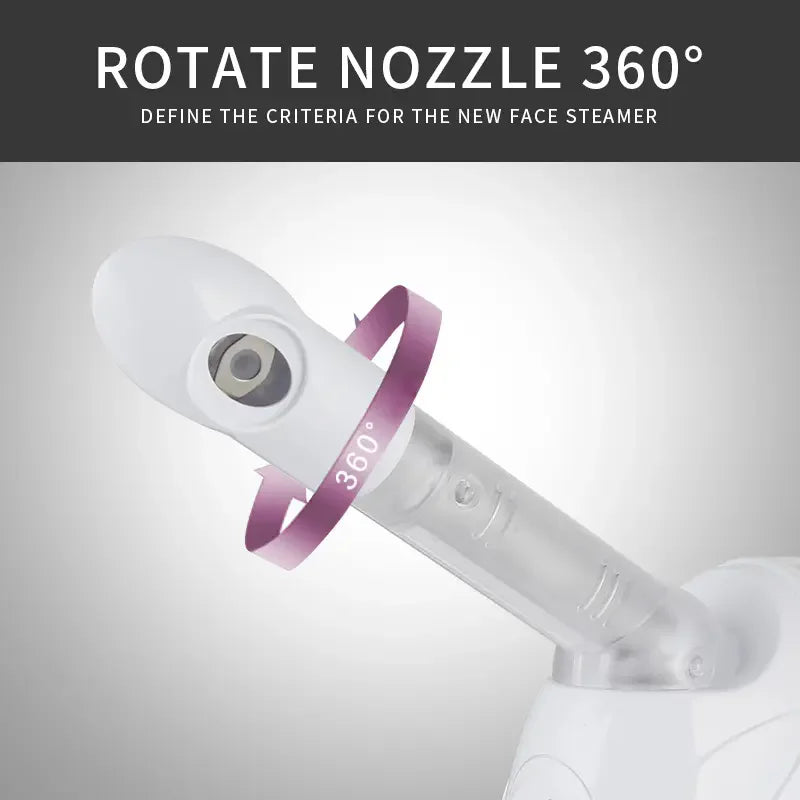 White portable facial steamer with adjustable 360-degree rotating nozzle for home spa skincare and deep pore cleaning.