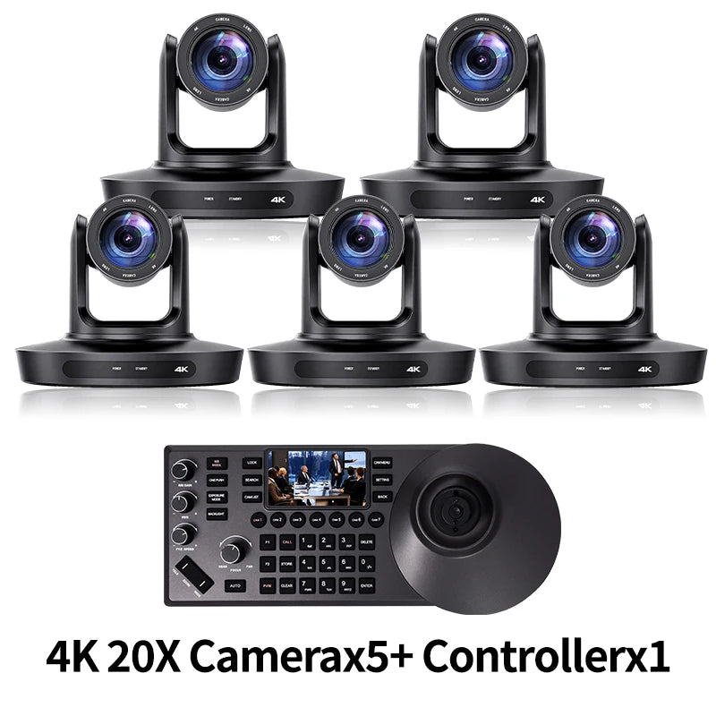 Video conferencing PTZ camera kit: four black PTZ units and a control console