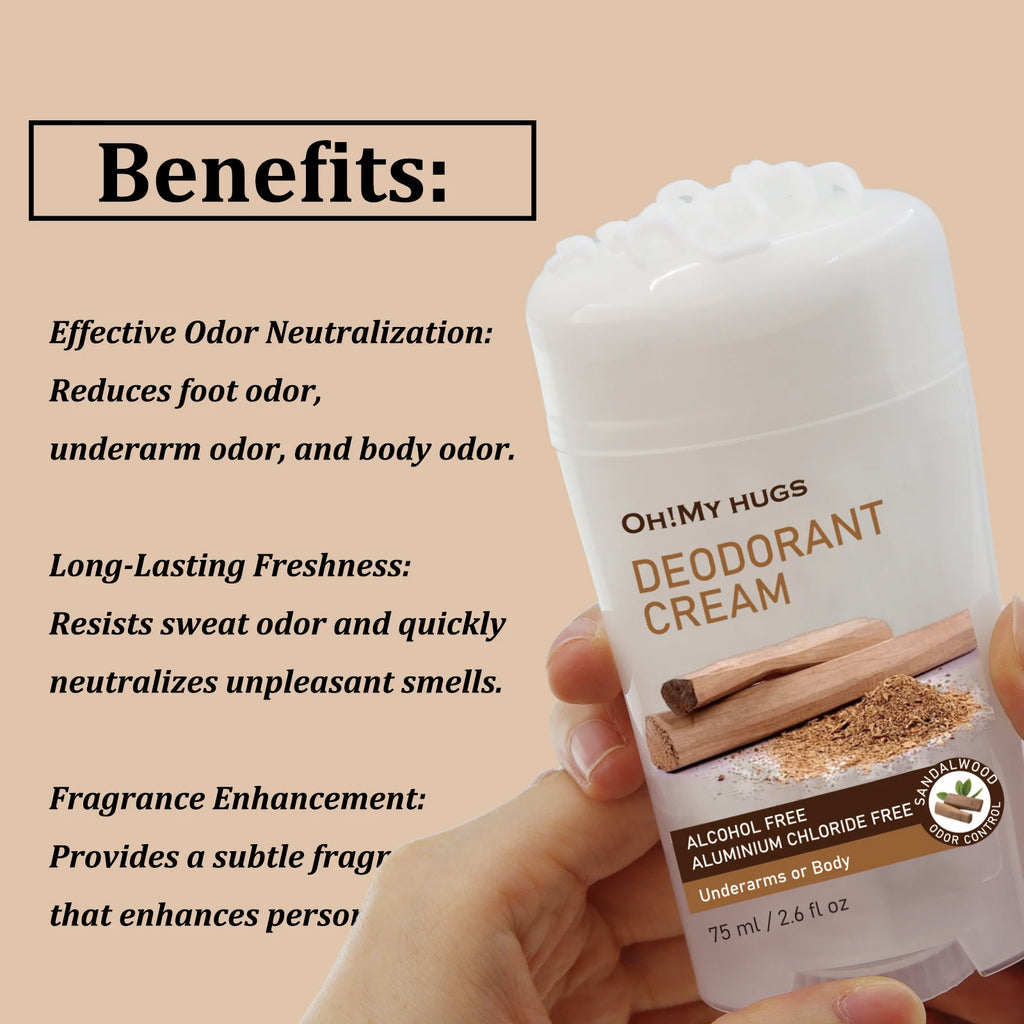 Hand holding white Oh!My Hugs sandalwood deodorizing cream tube with wood imagery on beige background.