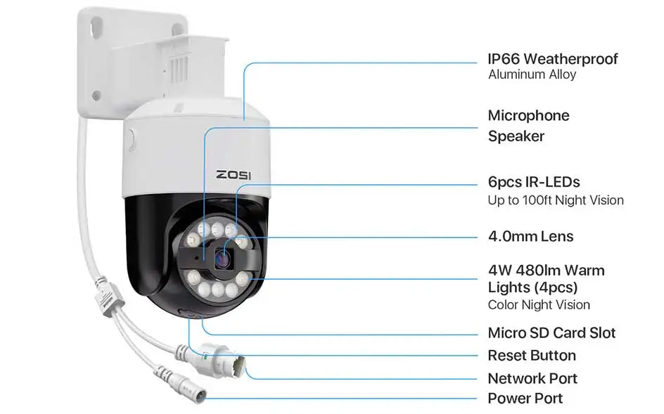 ZOSI C296 4K/3K PoE PTZ Security IP Camera Outdoor AI Detection Starlight Color Night Vision 8MP/5MP HD Video Surveillance Cam