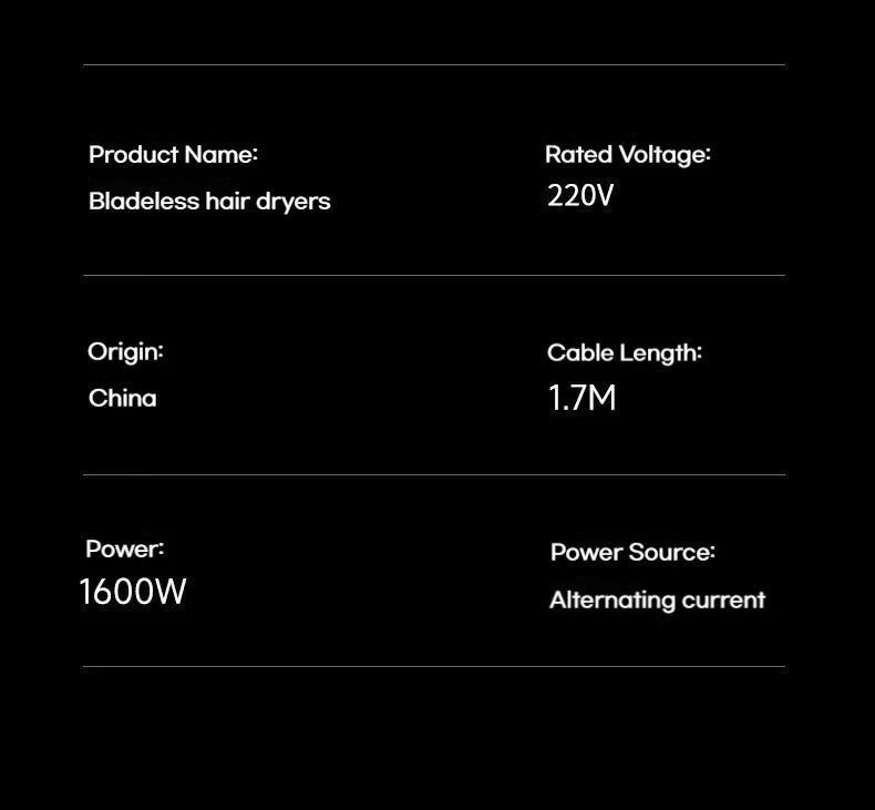 High-power 1600W negative ion bladeless hair dryer with magnetic attachments, 1.7m cable, and sleek household design.
