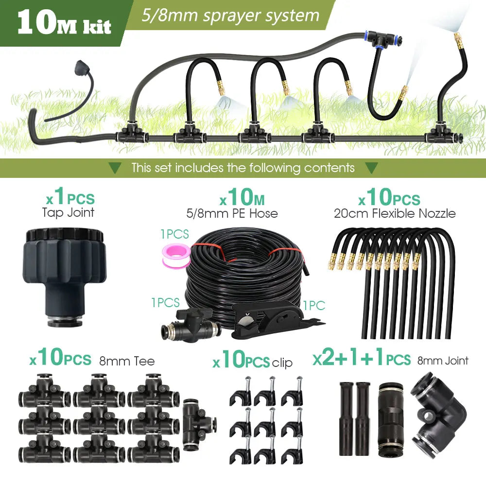 10M irrigation spray kit set with PE hose, tee joints, clips, and flexible nozzles