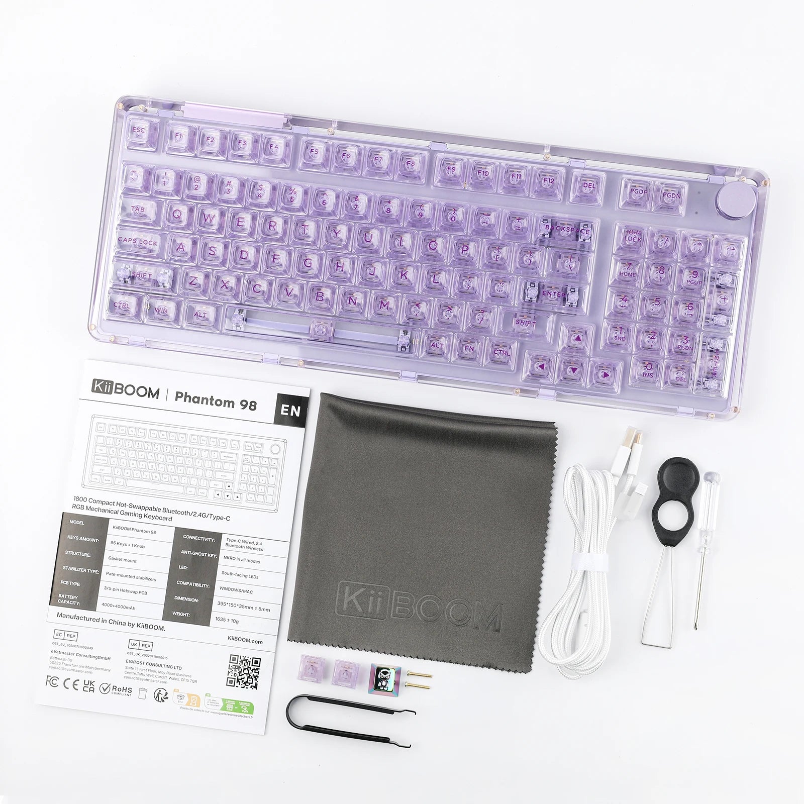 KiiBOOM Phantom 98 98-key Hot-swappable Wired/Bluetooth5.0/2.4GHz Wireless Acrylic Gasket Mechanical Keyboard