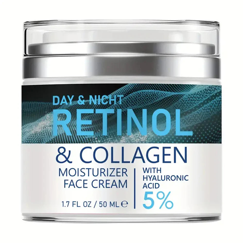 A circular jar of Envisha Retinol & Collagen face cream with a silver lid and blue and white label.