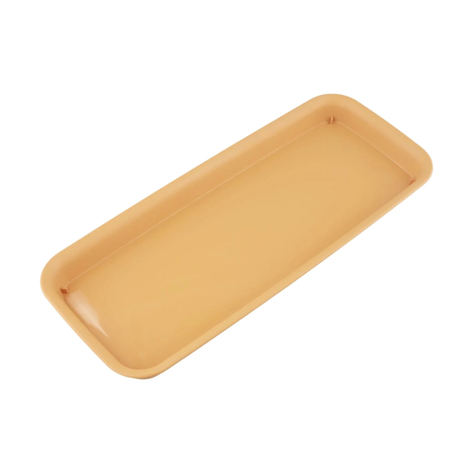 Rectangular beige plastic plant water tray, angled top perspective