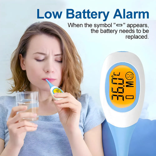 Blue and white digital baby thermometer for oral, rectal, or underarm use with low battery alarm for child health.