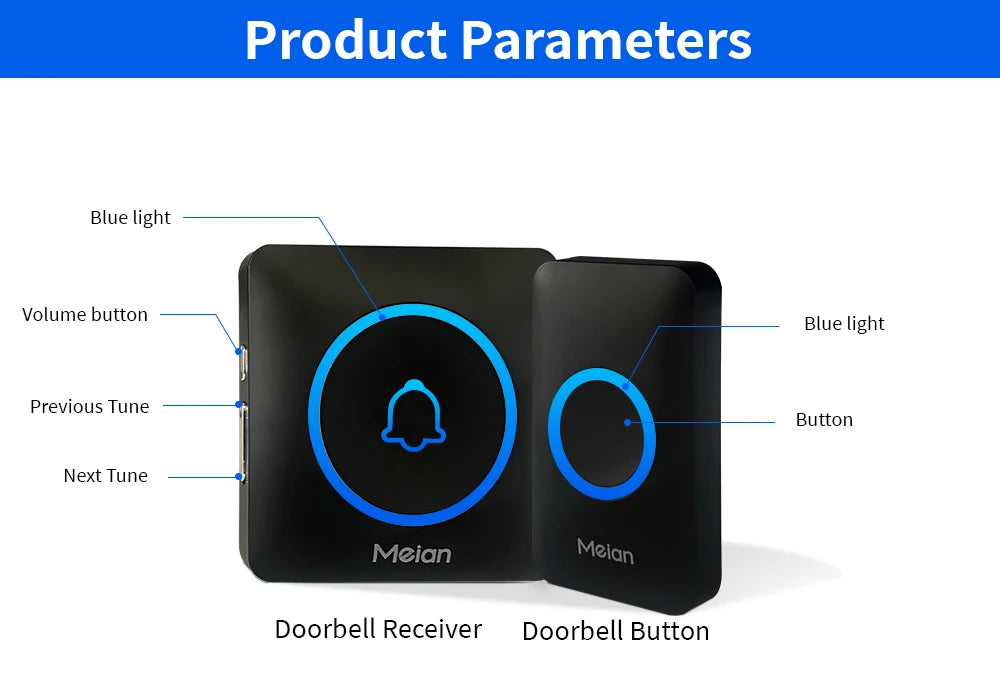 Meian IP65 Waterproof Wireless Doorbell Smart Home Outdoor Door Bell 60 Ringtone 5 Volume Adjustable LED Flash Smart Door Bell