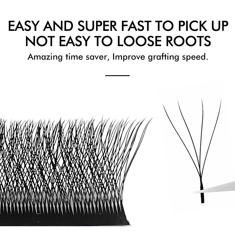 Black W-shaped premade volume lash extensions on a strip, with one fan being lifted by tweezers.