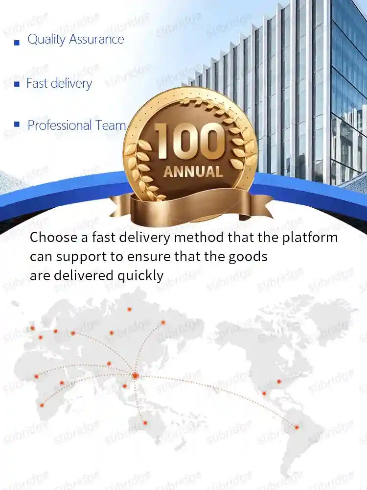A business banner displaying "100 Annual" in a gold laurel seal over a world map with delivery route connections.