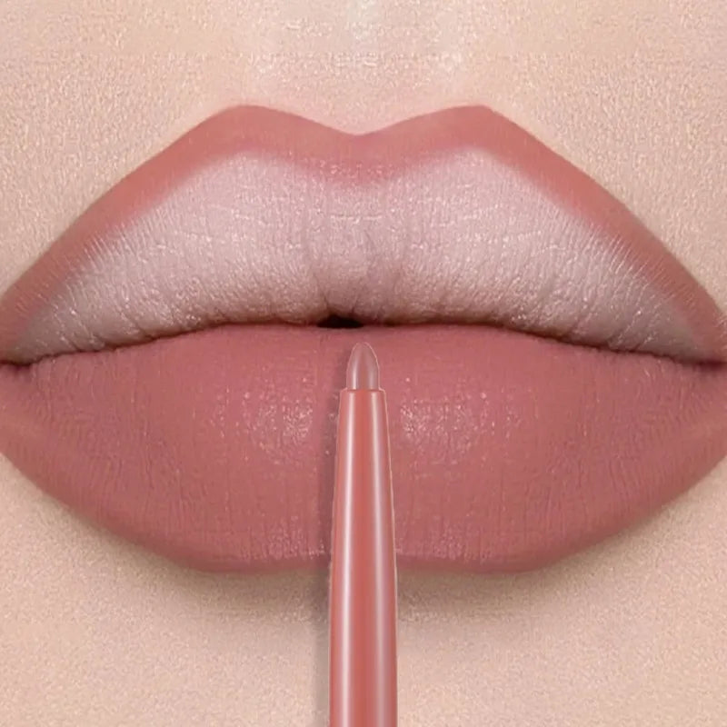 Matte lip liner pen in dusty rose, creating smooth, velvet, long-lasting color on lips for a waterproof makeup finish.