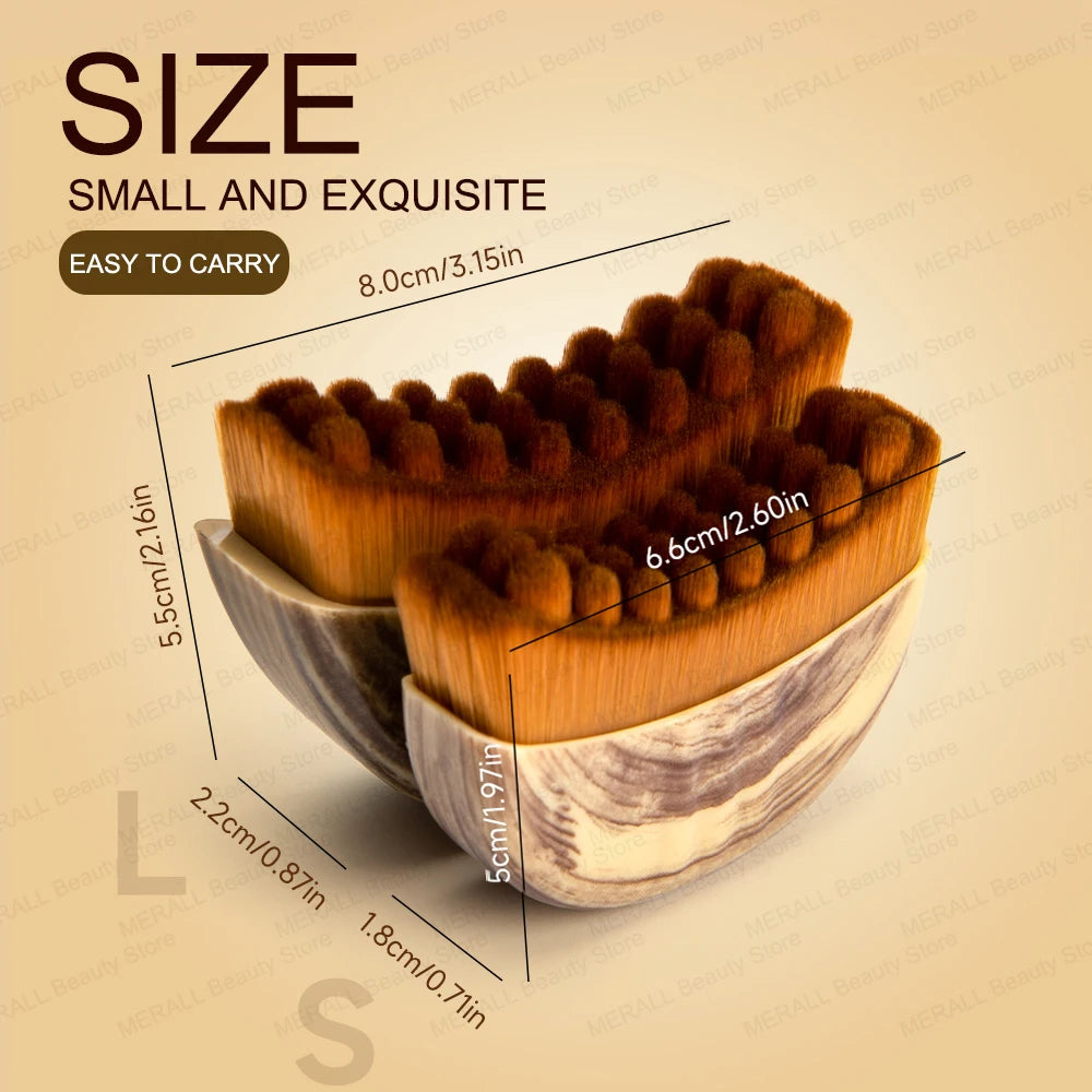 Two small face massager brushes with brown bristles and marble-patterned, curved handles shown with size dimensions.