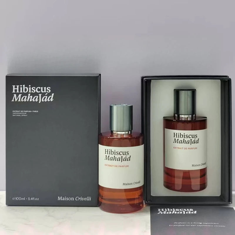 Maison Crivelli Hibiscus Mahajád Extrait de Parfum 100ml: luxury unisex scent in a sleek cylindrical glass bottle.