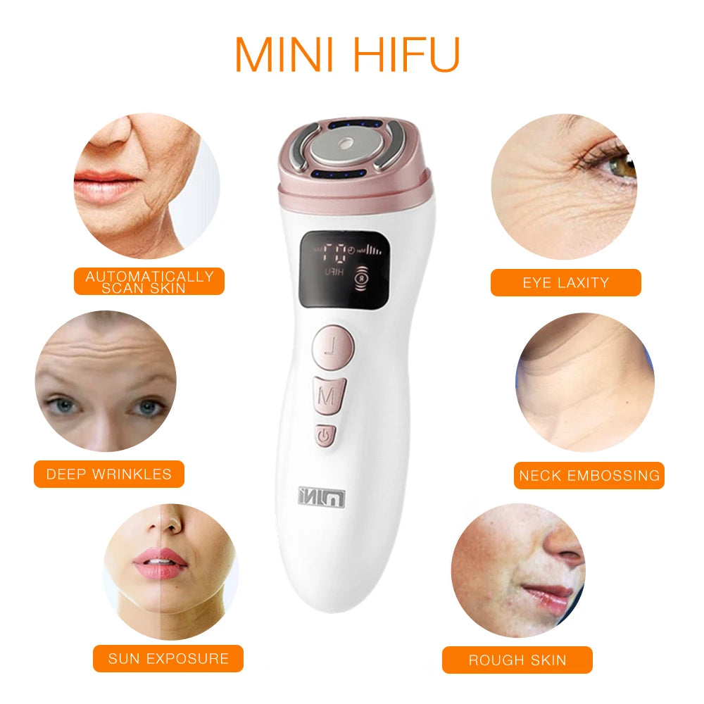 Handheld white and rose gold Mini HIFU facial skin tightening device with digital display and controls for wrinkle care.