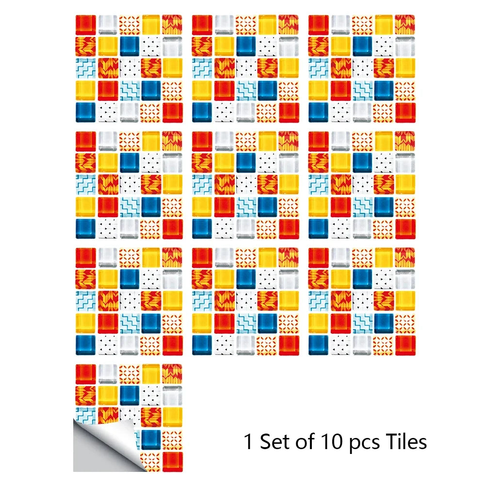 Mosaic tile sticker set with orange, yellow, blue, and white square pieces, peel-and-stick