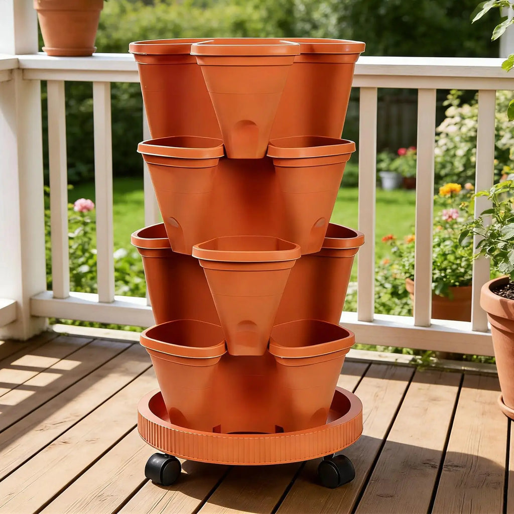 Orange plastic stackable vertical flower pot planter tower with multiple tiers and caster base