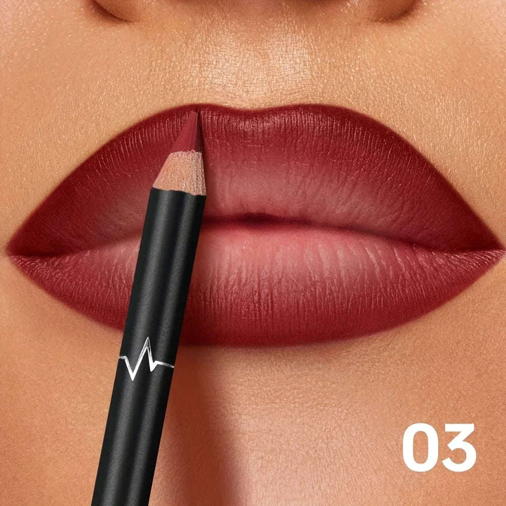 PUDAIER waterproof matte lip liner pencil in shade 03 applying a smooth, smudge-proof deep red color to defined lips.