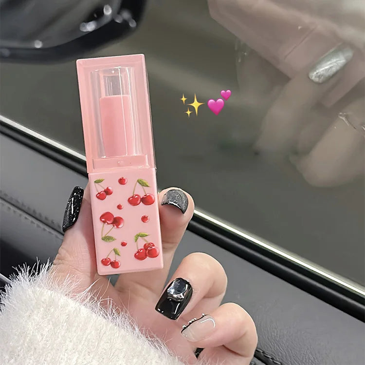 Gege Bear pink cherry print hydrating lip balm in a sleek square tube for moisturizing, tender lip makeup care.