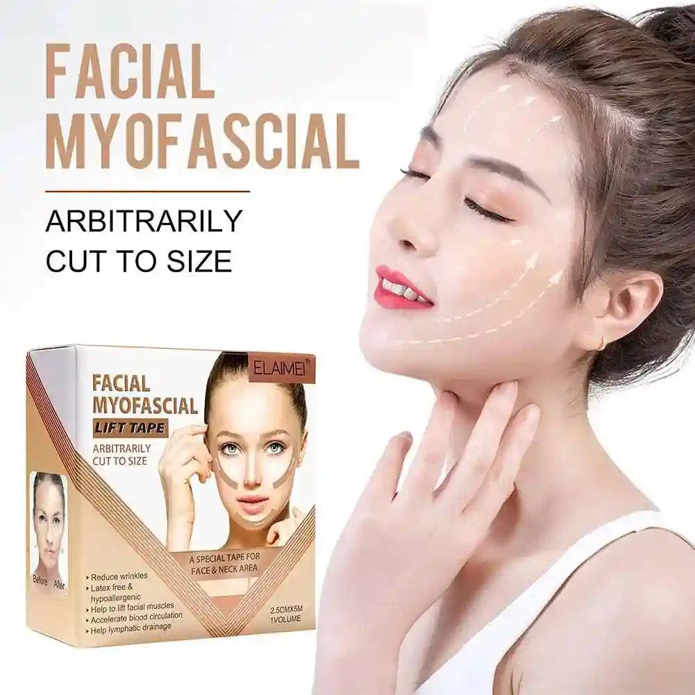 Woman with invisible skin-lifting kinesiology tape on her face and neck beside a box of Elaimei facial myofascial tape.