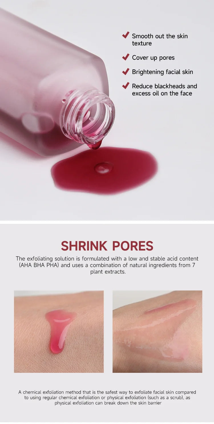 Pink frosted glass bottle dispensing red exfoliating solution to brighten skin, reduce pores, and remove excess oil.