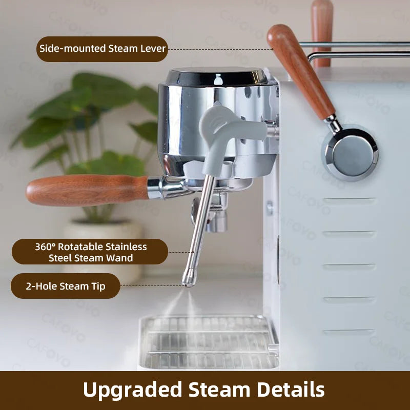 Cafoyo white espresso machine with chrome group head, wood-accented steam lever, and 360-degree stainless steam wand.