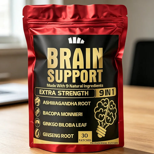 Red and black pack of 30 ashwagandha stress relief patches for brain support and adaptogenic cognitive health.