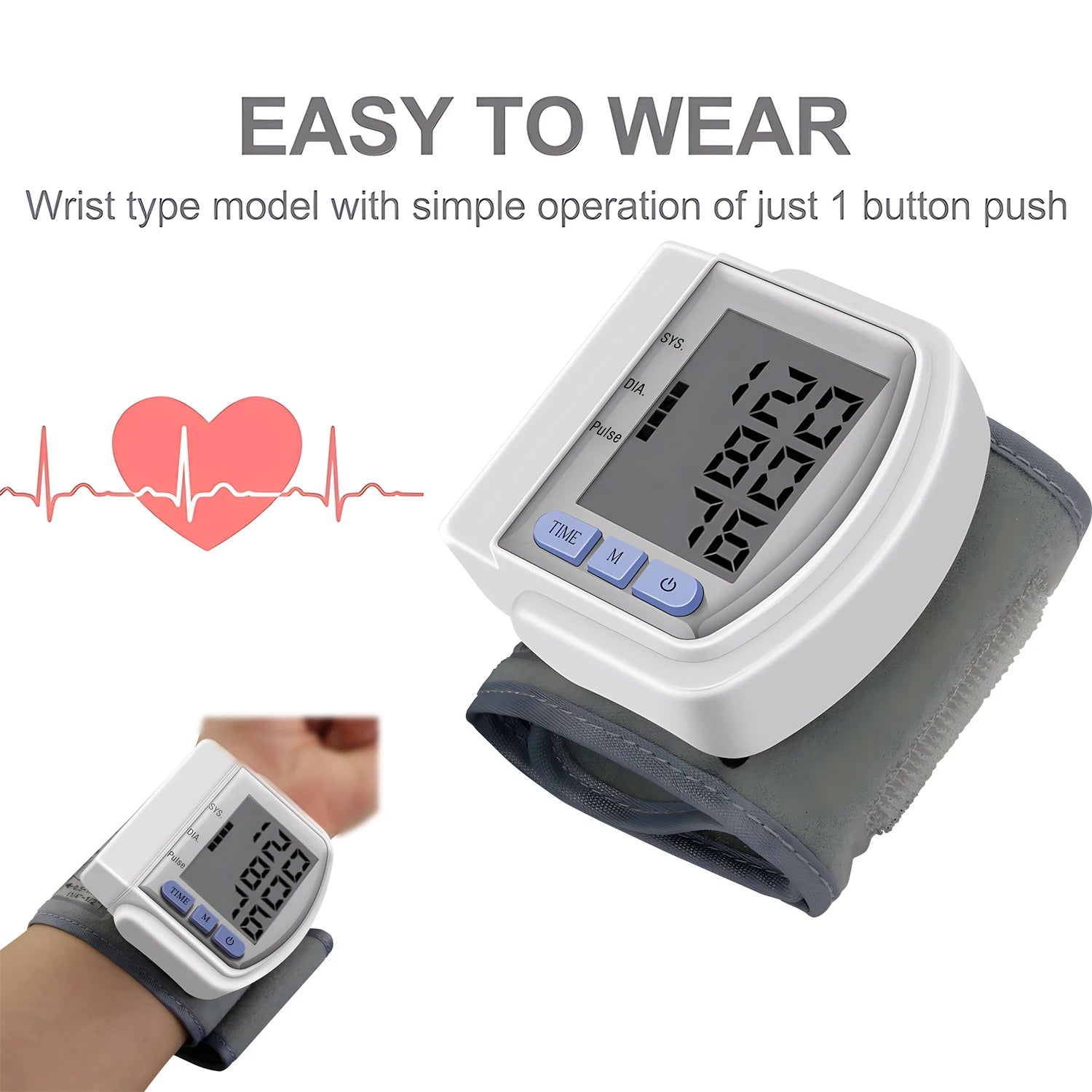 Portable Wrist Blood Pressure Monitor Automatic Digital Sphygmomanometer Detects Heart Rate Pulse BP Monitor