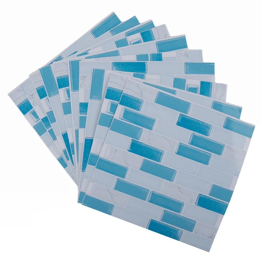 Self-adhesive 3D mosaic tile wall sticker sheets, white with blue rectangular tile pattern