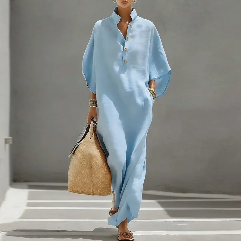 Summer Holiday Bohemian Long Dress Women's Sexy Stand Collar Button Elegant Party Dresses Spring Batwing Sleeve Loose Maxi Dress
