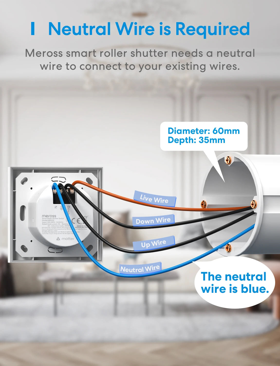 Meross Matter WIFI Smart Roller Shutter (Neutral Cable Required) Roller Shutter Switch Works With HomeKit ,Alexa and Google