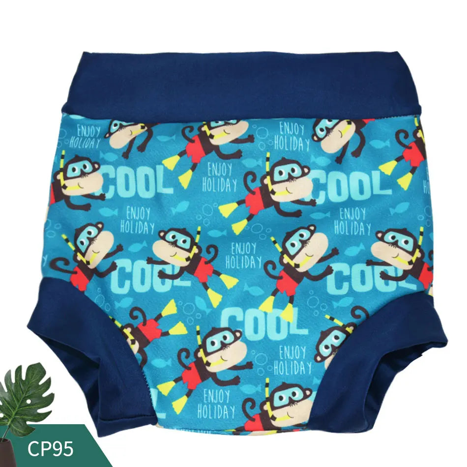 Reusable baby swim diaper featuring cute monkey scuba diver print in blue. Water-friendly cloth swim diaper, style CP95.