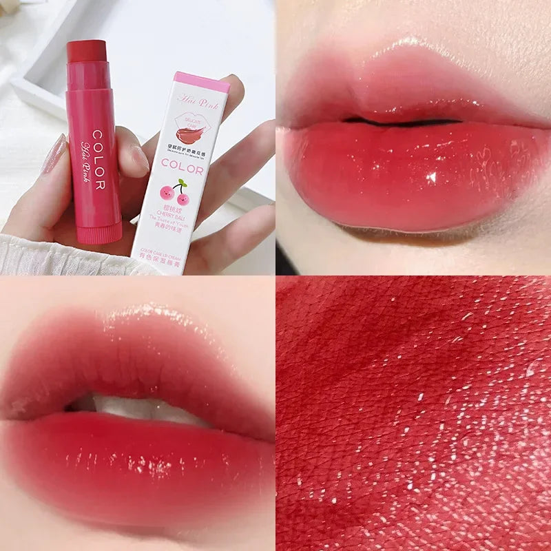 Korean moisturizing lip glaze with glossy, plump finish, cherry red tint, and creamy texture in cute packaging.