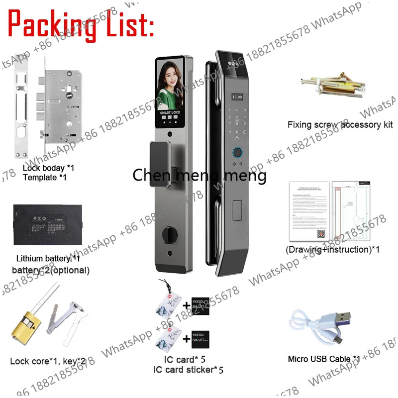 Tuya APP Smart Life APP Control Voice Intercom Smart Lock 3D Face Recognition Fingerprint Password Smart  Door Lock With Camera