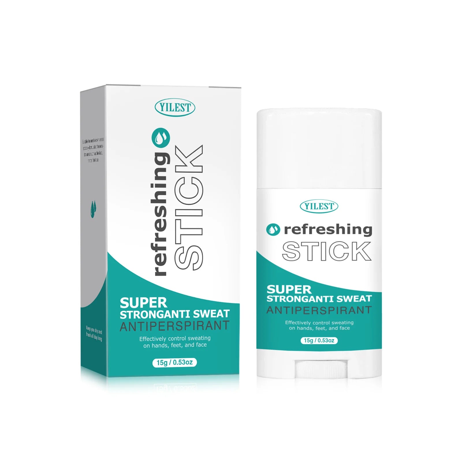 YILEST anti-sweat stick and box in white and teal, a 15g antiperspirant for hands, feet, and underarms.