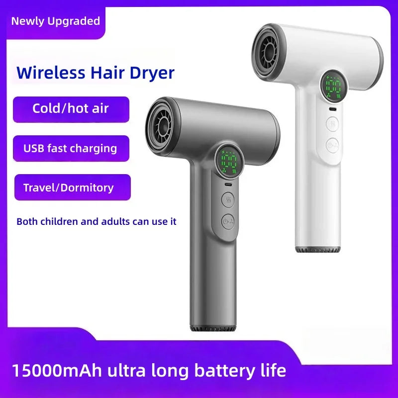 Wireless portable hair dryer in white and grey with LCD display, USB fast charging, for travel, kids, and dormitory.