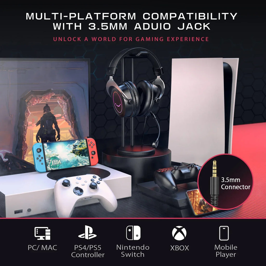 Tidesmit Gaming Headset with RGB, Memory Foam & PC Mic - Black Tidesmit