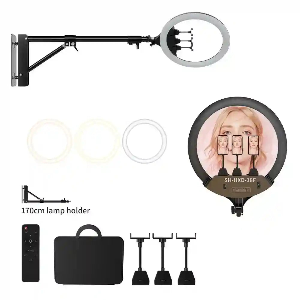 Wall-mounted ring light with 170cm extendable arm, three phone mounts, remote, and case for photography and streaming.