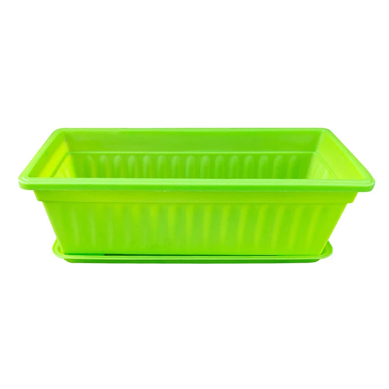 Rectangular neon green plastic planter with smooth sides and open planting area