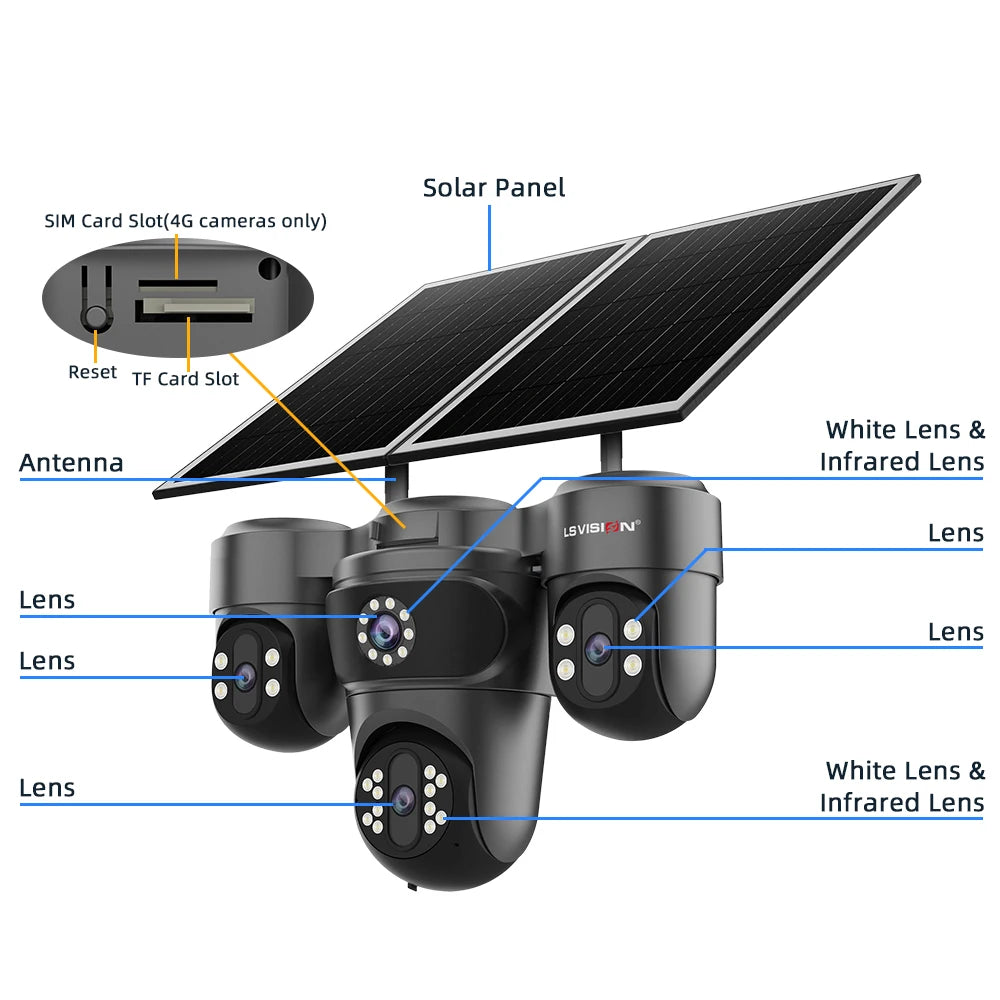 LS VISION Four Screens Camera Outdoor House Surveillance Cameras  4G SIM Wireless Camera Humanoid Automatic Tracking Ai Zoom