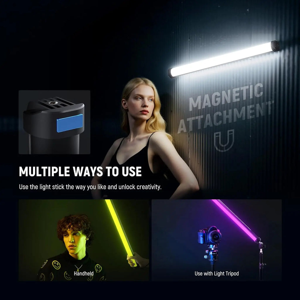 Magnetic LED light stick for photography, showing handheld use, tripod mounting, and wall attachment.