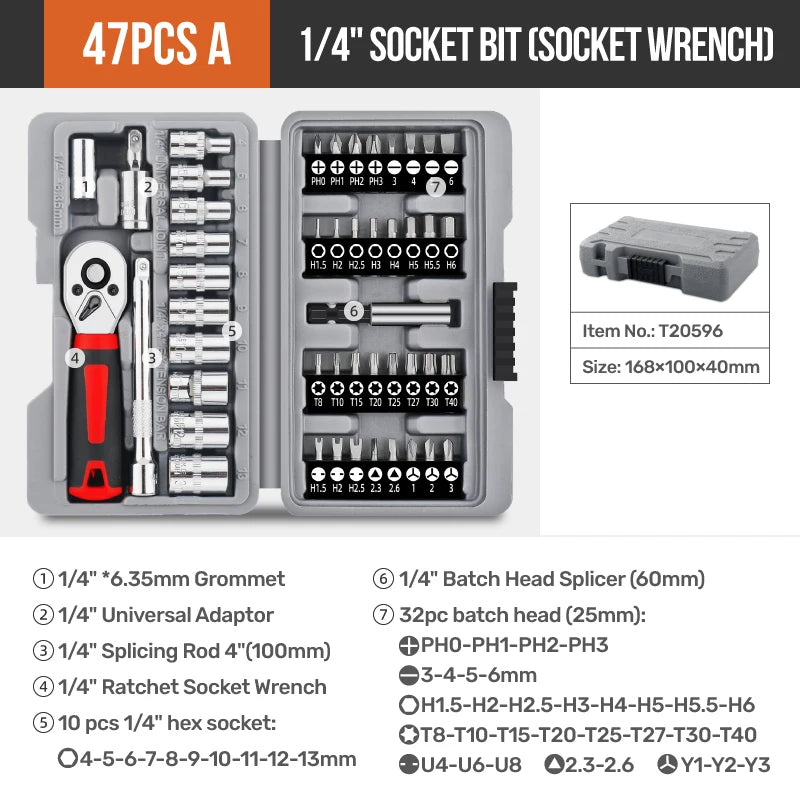Hi-Spec 1/4" Drive Quick-Release 40 in 1 Ratchet Socket Bit Set Cr-V Steel Phillips/Slotted Screwdrivers for Repair & Hand Tools
